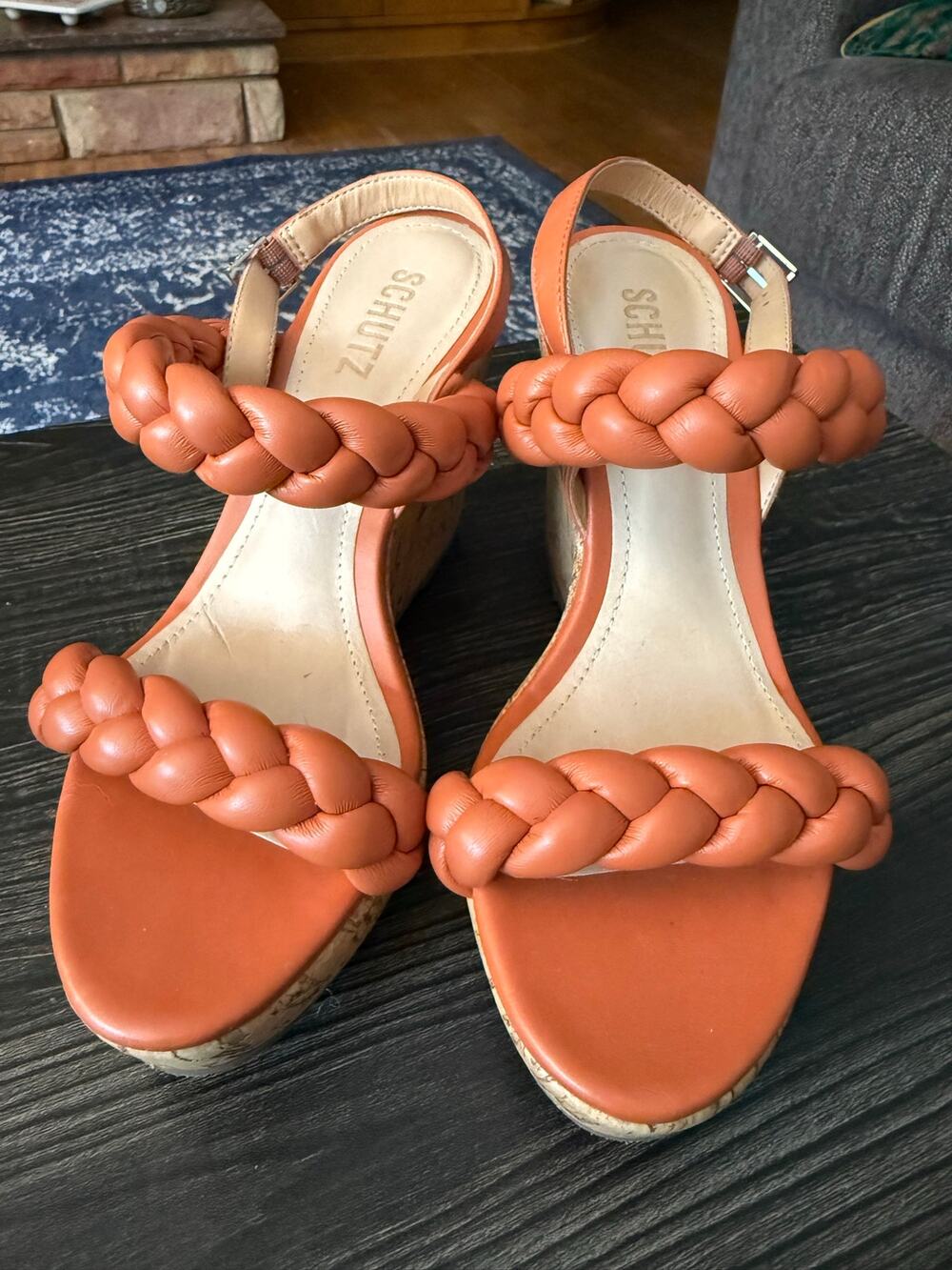 SCHUTZ Zaria Orange Braided Leather Cork Wedge Sandals Sz. 8.5